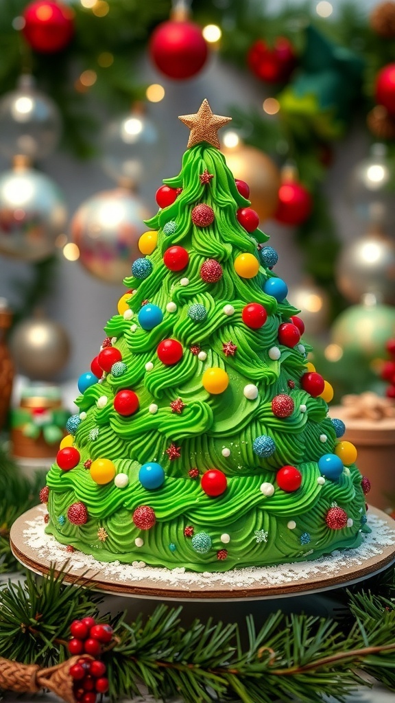 Christmas Tree Cake Recipe A festive Christmas tree cake decorated with green frosting and colorful candies, perfect for holiday celebrations.